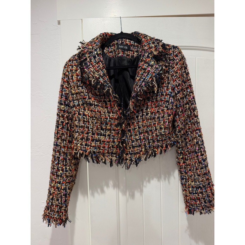 Fab'rik Womens Cropped Tweed Jacket Multicolor Fringe Boucle Blazer Medium